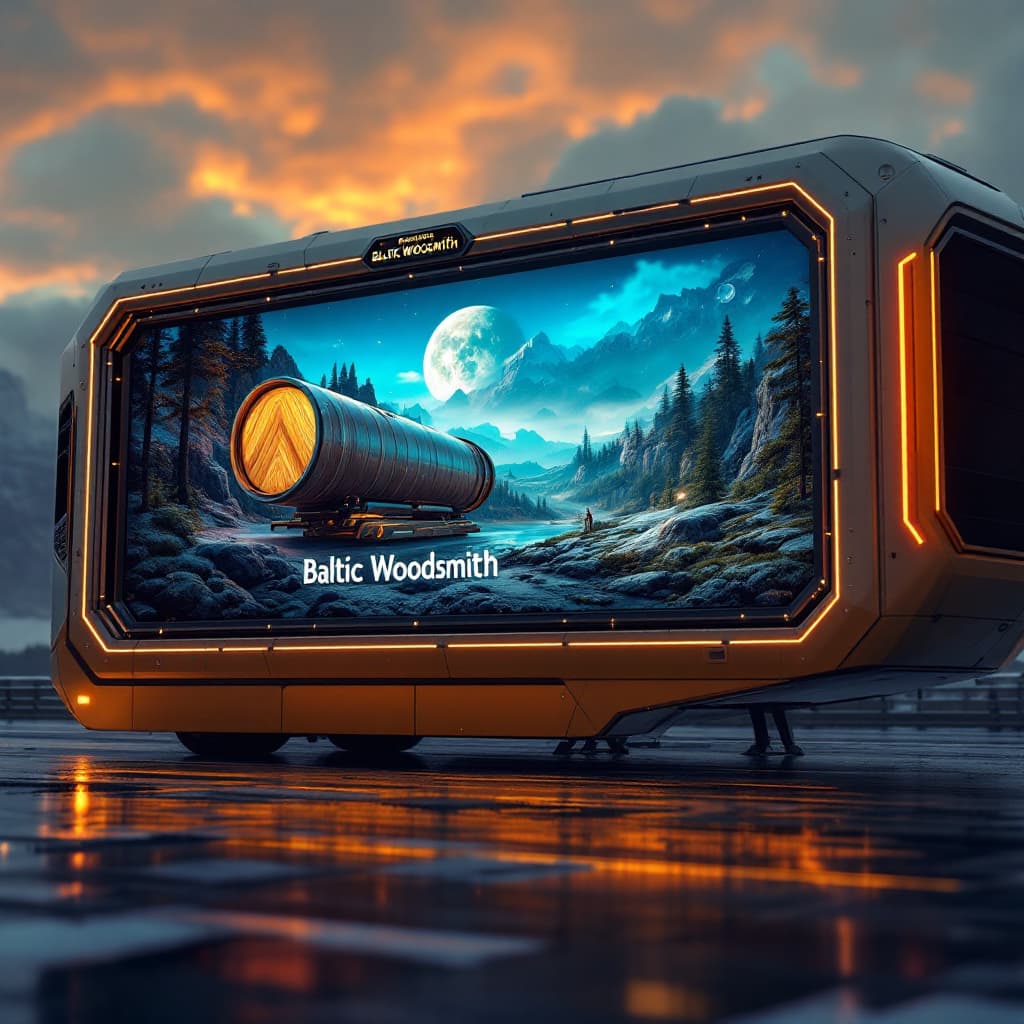 AI generated: Futuristic 
Billboard sign on a bus 
for Baltic Woodsmith! 
4k realistic fantasy, insane details, hy...