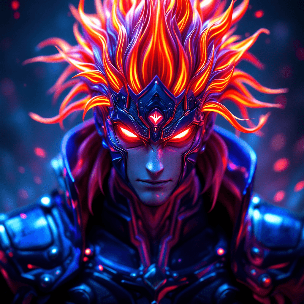 AI generated: Ultra-detailed image of tobirama senju from Naruto Shippuden, with royal blue metal armor, neon ligh...