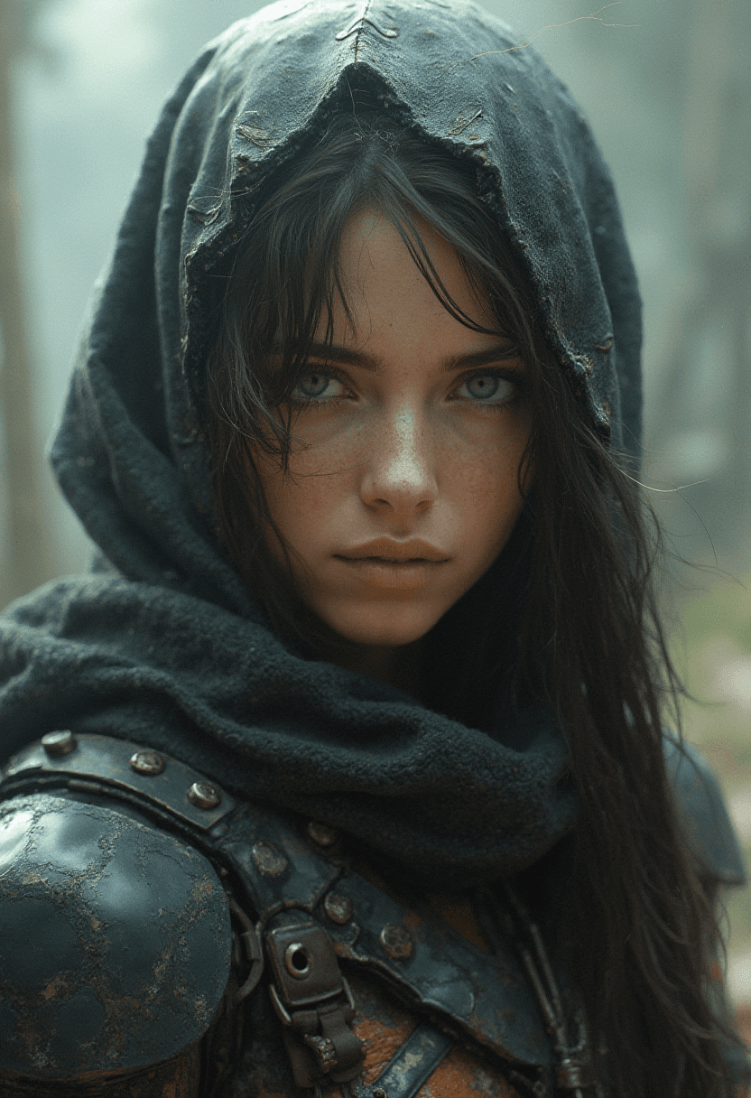 AI generated: portrait painting of a futuristic rugged female rebel, alien world, colonisation, ultra realistic, c...