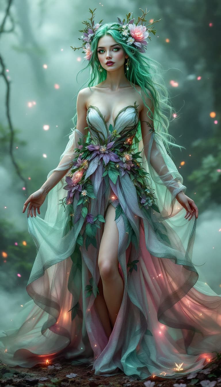AI generated: An ultra-realistic, full-body portrait of a captivating fae queen woman, radiating ethereal beauty a...