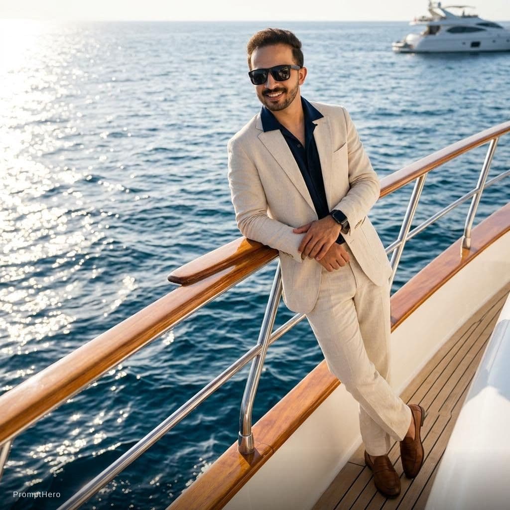 AI generated: Create a high-end fashion image of a male model wearing a tailored summer suit with an open shirt. P...