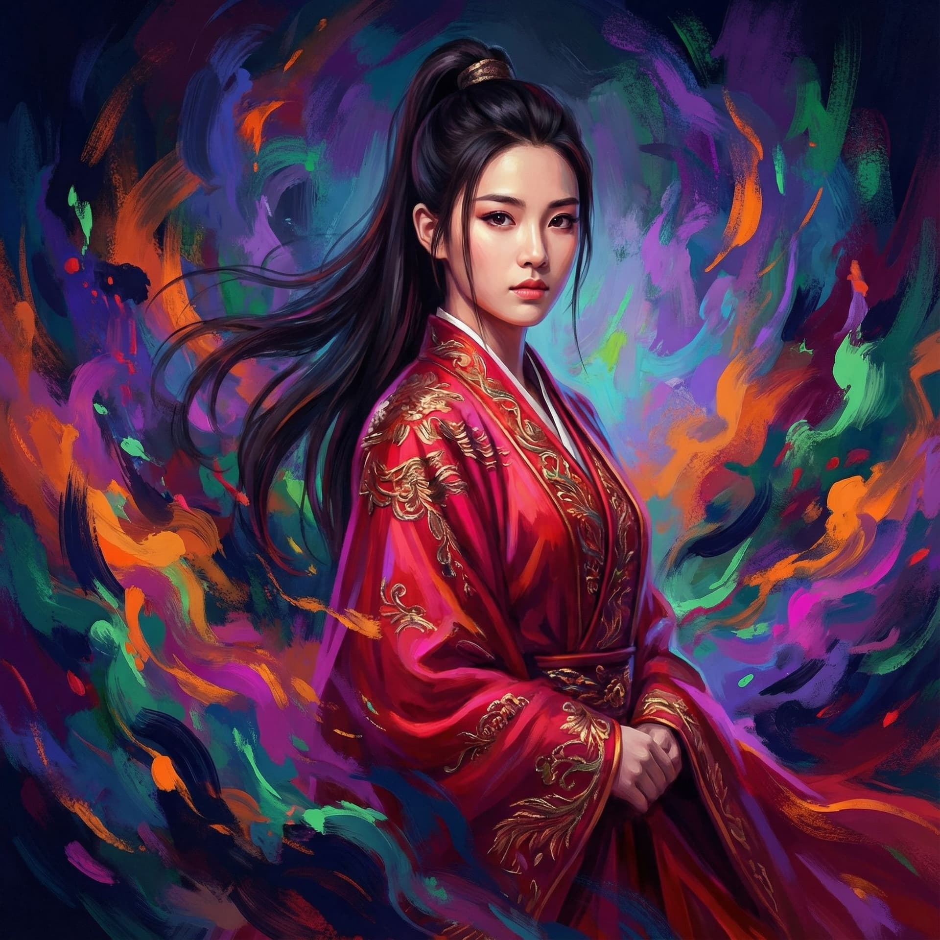 AI generated: A commanding, seductive young empress stands at the center, her long obsidian hair styled in a high,...
