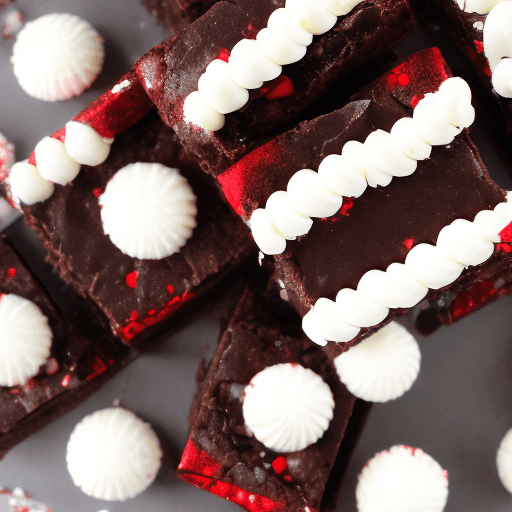 AI generated: Top-down view of square brownie bites topped with a glossy, dark chocolate ganache and topped with c...