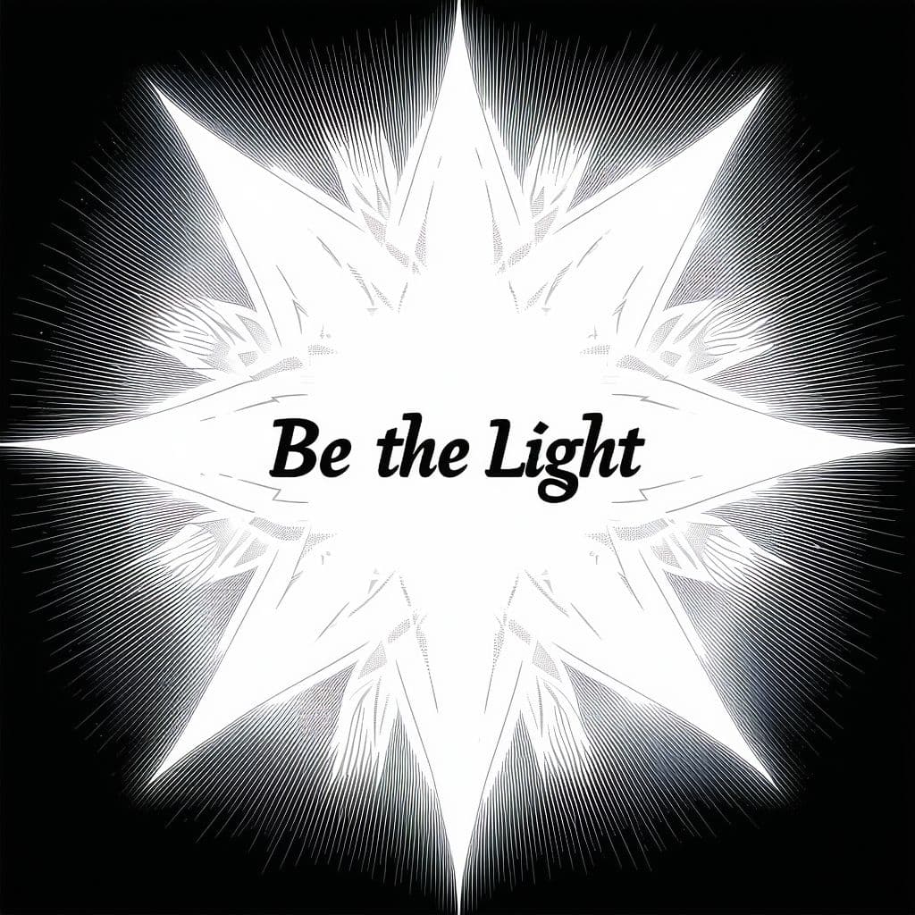 AI generated: Simple illustration with clean, sharp lines in the center. "Be the Light" surrounded by a glowing st...