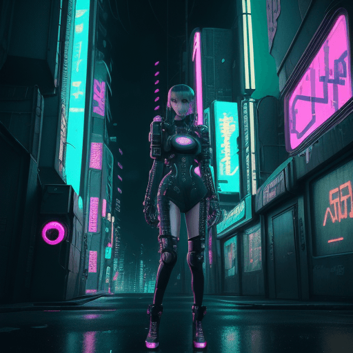 AI generated: girl of the future standing in a panoramic cyberpunk street, futuristic design, electronic artwork, ...