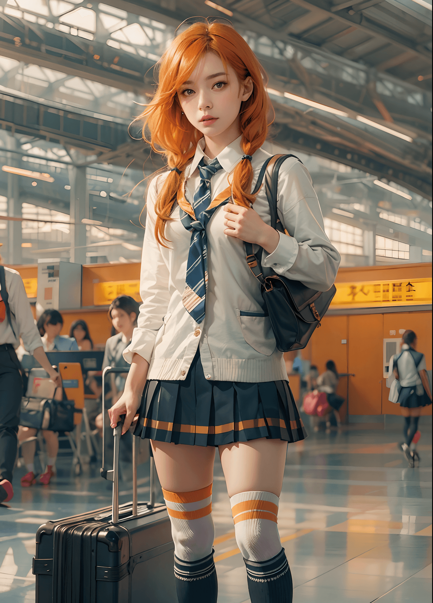 AI generated: masterpiece, mid shot, arafly dressed woman with orange hair and a suitcase, a portrait inspired by ...