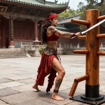 AI generated video: the woman strikes first with a cutting blow, then with a thrust, finally two downward blows with bot...