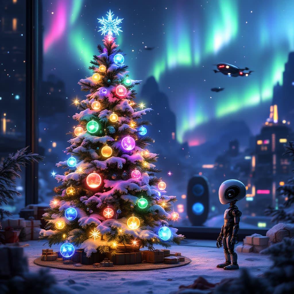 AI generated: Una escena navideña futurista ambientada en un mundo de ciencia ficción. Un árbol de Navidad ilumina...