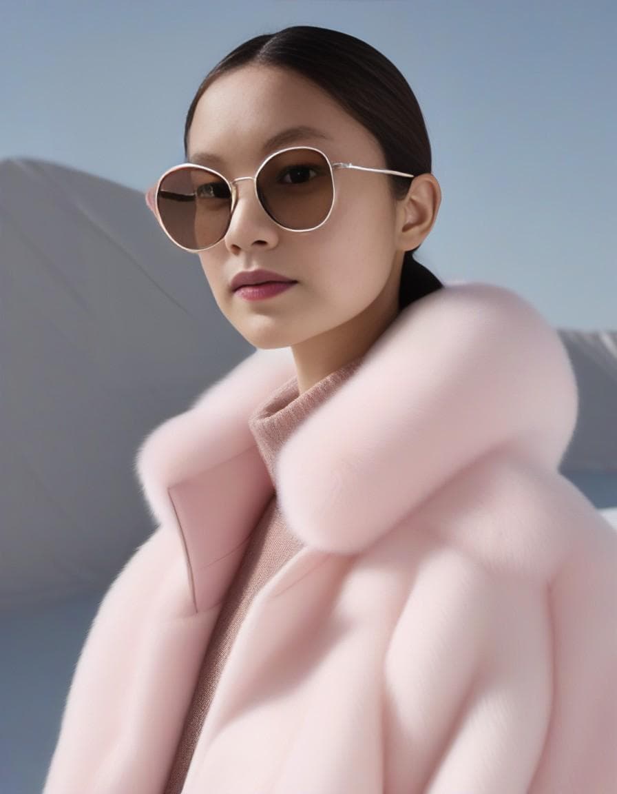 AI generated: Fashion shoot, Jacquemus and moncler collaboration: light pink translucent fur sunglasses, hyper-rea...