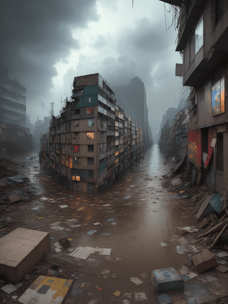 AI generated: A heavy storm and flooding of a slum corner,iconic album covers,flood,
rain,typhon,
litter,intricate...