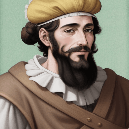 AI generated: Drawing for children's comic of a thin, bearded, 16th century Spanish man with a cap and ruff