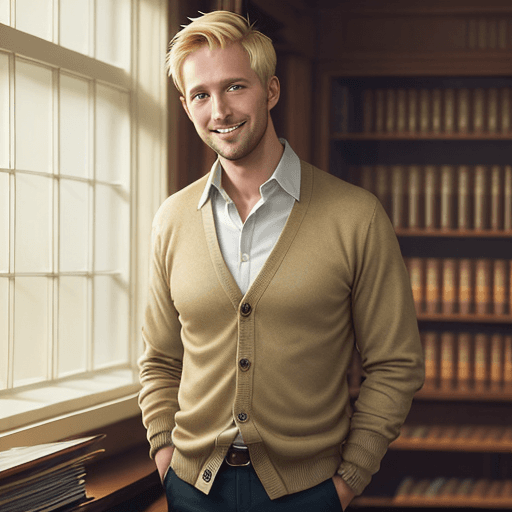 AI generated: Full-body shot of a handsome adult man, 30 years old with short blond hair, smiling, wearing a colla...