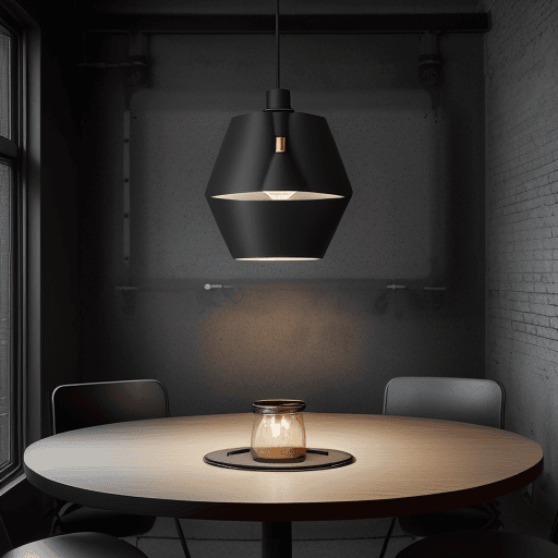 AI generated: Photograph, industrial modern pendant light, matte black finish, suspended over a circular oak dinin...
