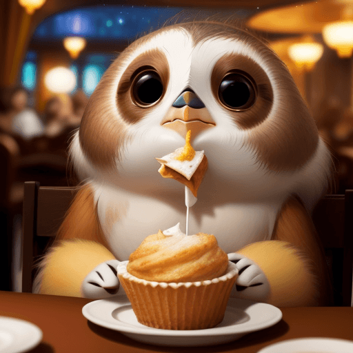 AI generated: Porg eating in a Disney restaurant