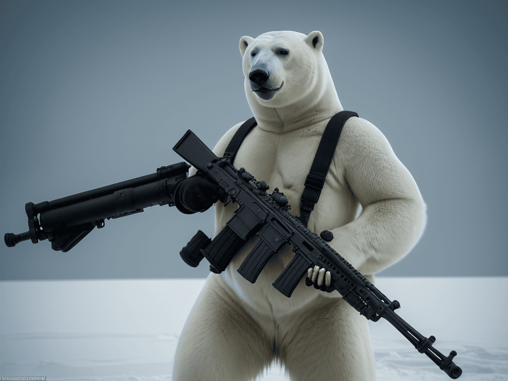 AI generated: Courageous polar bear in full winter military uniform, holding a carbine rifle, anthropomorphic, sup...