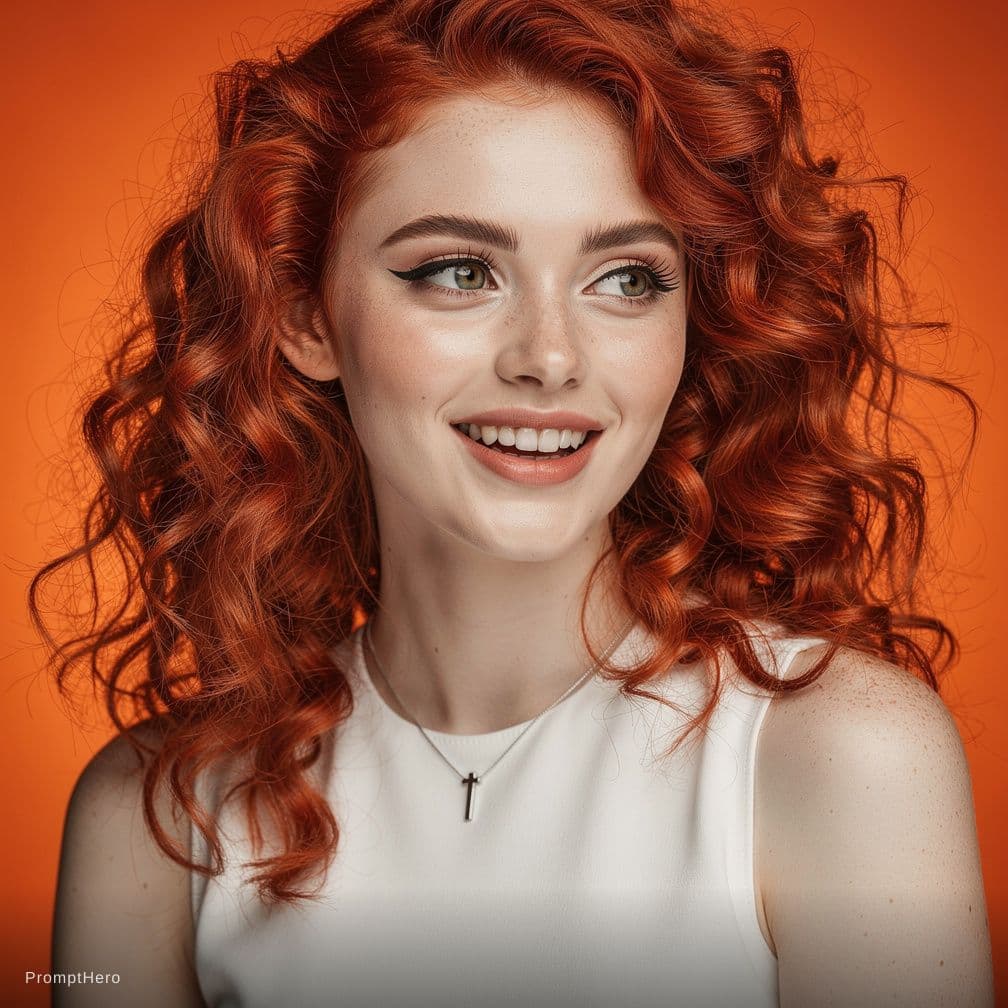 AI generated: A hyper-realistic close-up portrait of a young woman with voluminous, curly, vibrant red hair, softl...