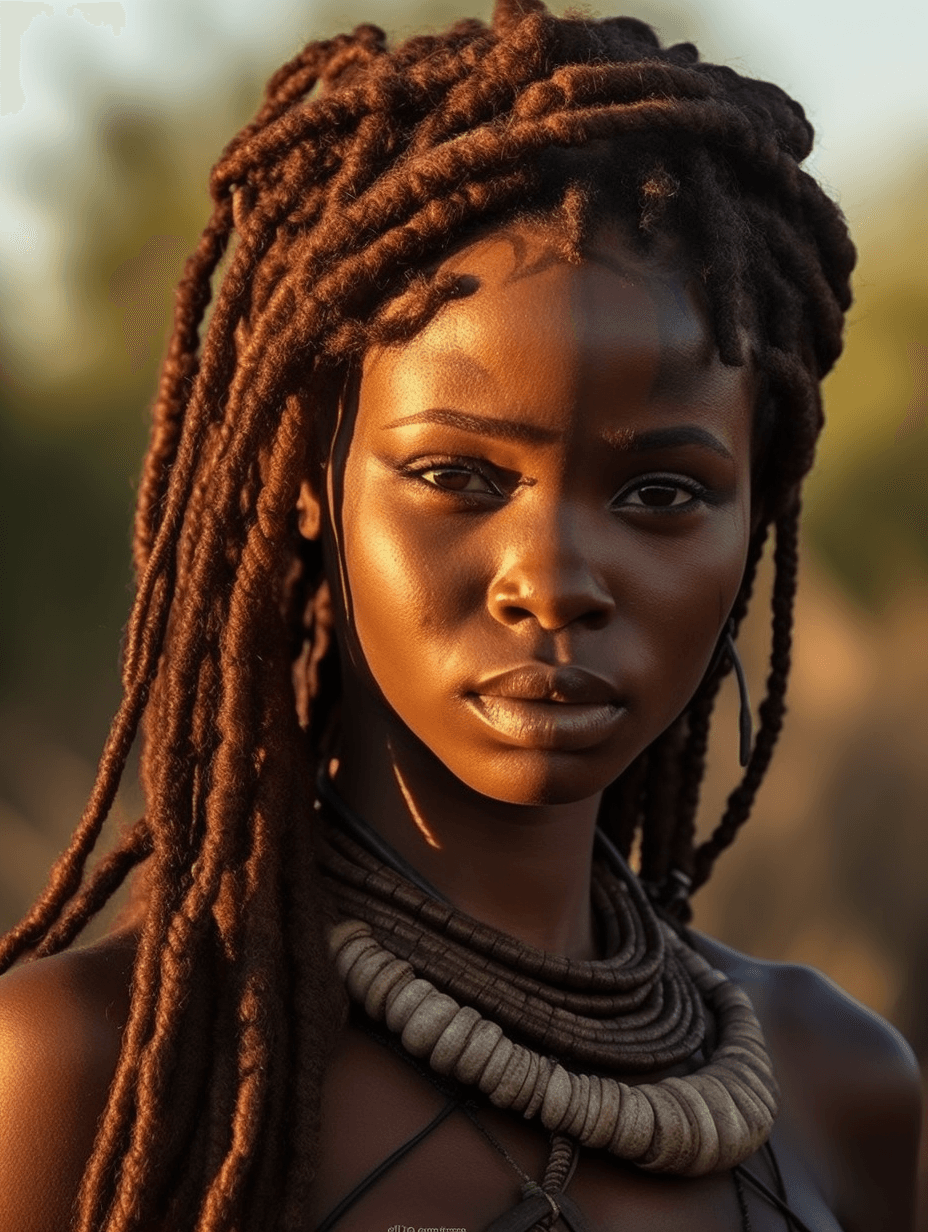 AI generated: A cute hot african woman tribe himba in african plains, thick jumbo braids, brown skinned stunningly...