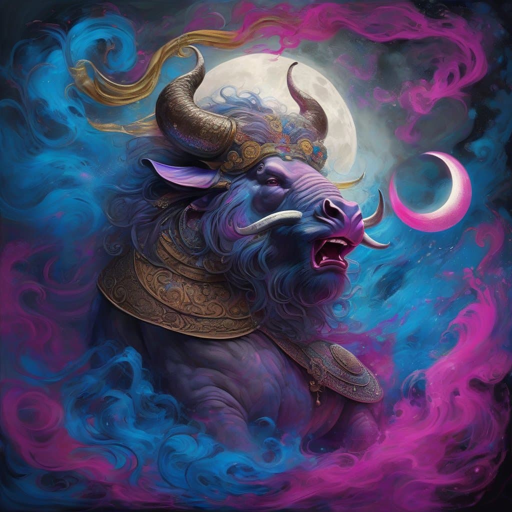 AI generated: wise, zen, mitras-cult, moon-eyed, feathered, Minotaurus, crawling out of the dark, blue pink smoke,...
