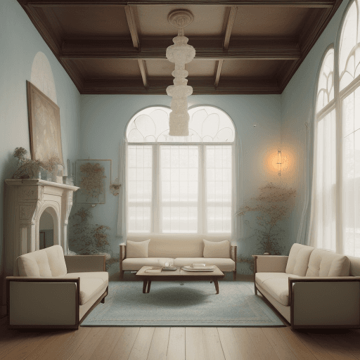 AI generated: High resolution photography interior design, dreamy sunken living room conversation pit, wooden floo...