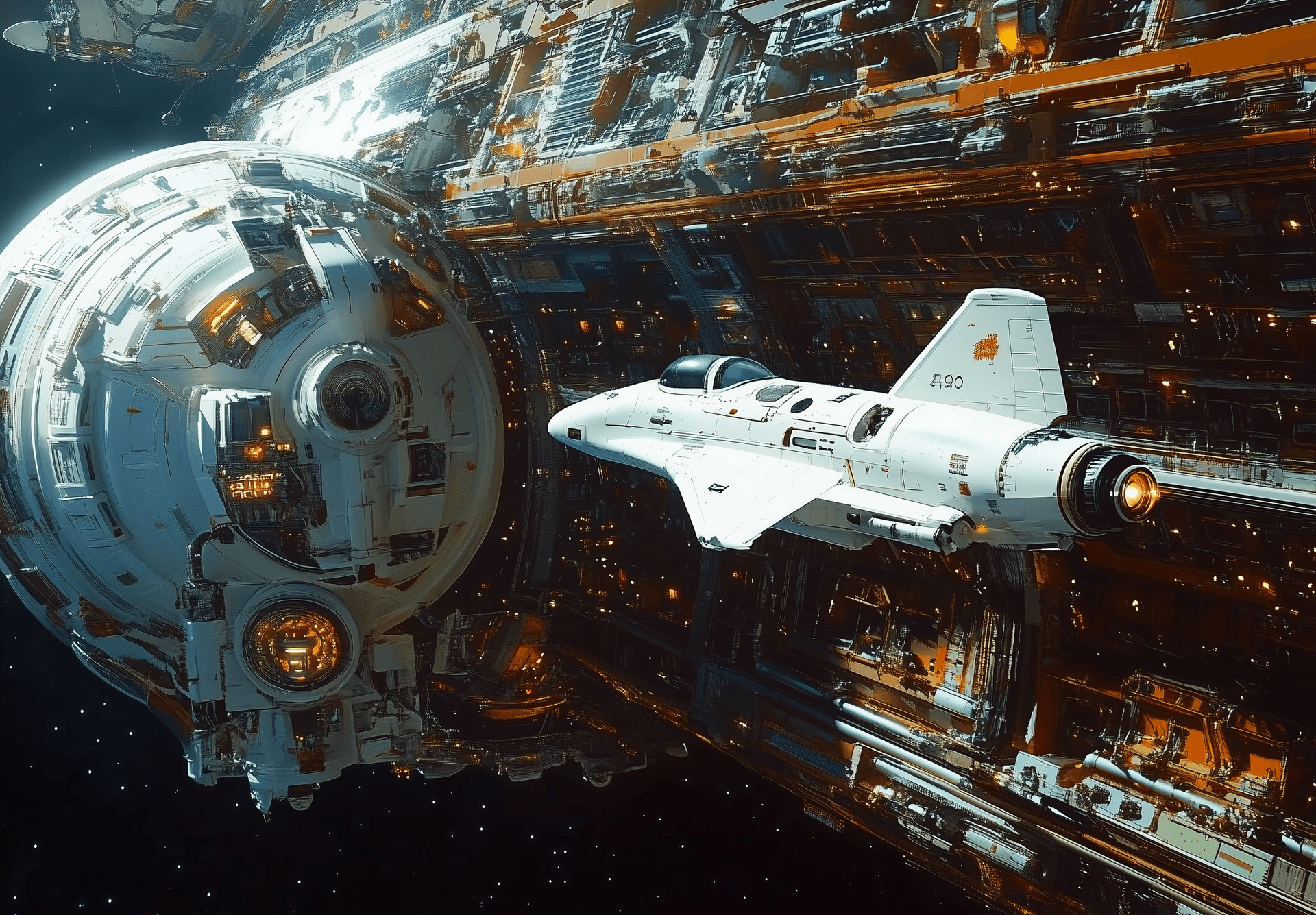 AI generated: A small white spacecraft floats next to an enormous space station in the style of John Berkey, retro...