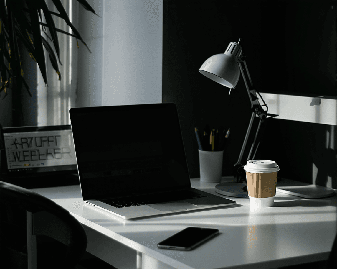 AI generated: A sleek, minimalist office workspace bathed in natural night light, featuring a modern desk setup wi...