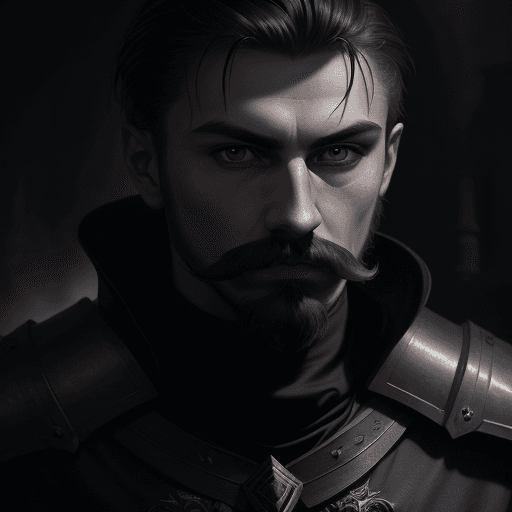 AI generated: Slavic young man knight with small beard and moustache and no helmet wearing black matte battle armo...