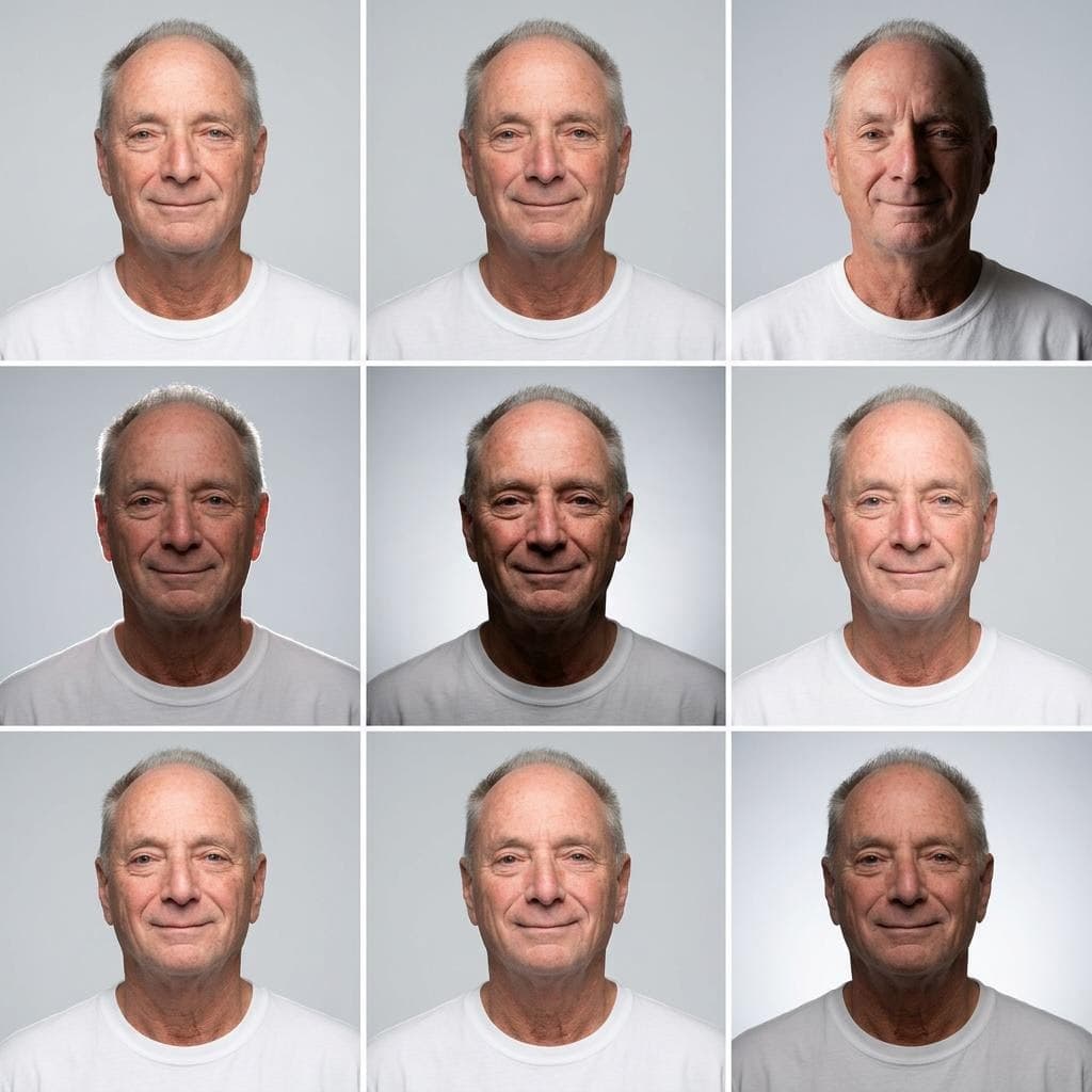 AI generated: create a visual study of 9 images, all 1:1 in a grid of this person, making sure to keep his exact a...