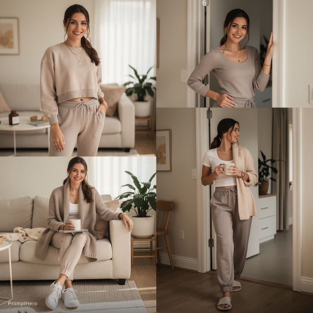 AI generated: A young, physically, beautiful brunette woman wearing a series of casual loungewear that happens to ...