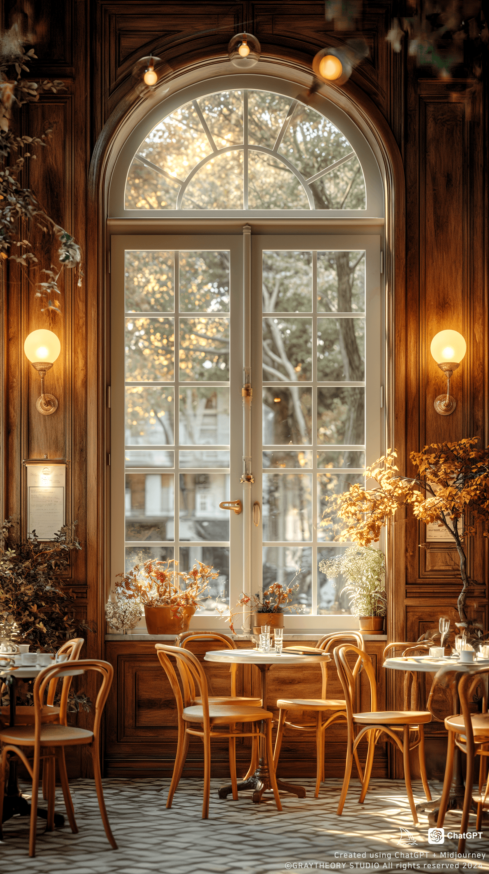 AI generated: cafe space, front view, Thonet No. 14 chairs, Poul Henningsen PH lamps, captured with a Fujifilm X-T...