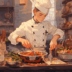 AI generated: A young chef, cooking with passion, in the style of Vasily Vereshchagin, a warm palette, with soft l...