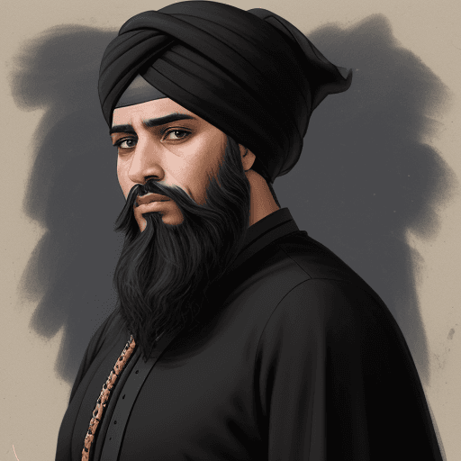 AI generated: A caliphate wearing a black turban, the turban is Dropped at the back, short beard, long hair, Color...