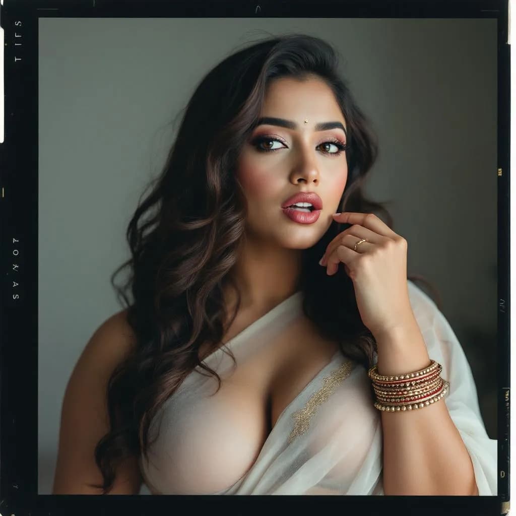 AI generated: Use my wife face pic, biting her lip, 30-35 years old, brown hair, Indian hair style, saree,trying t...