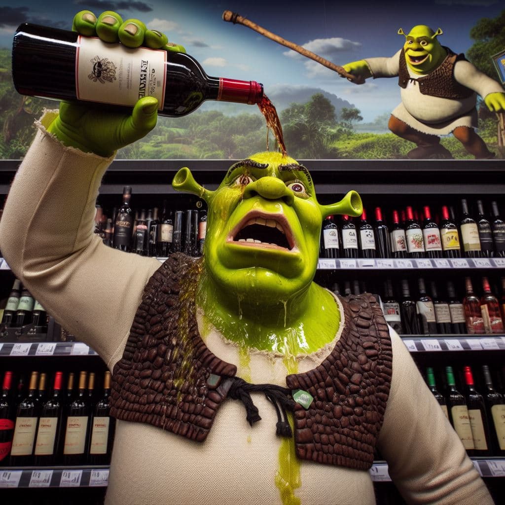 AI generated: Shrek tipping a bottle of wine over his head in the supermarket, extreme