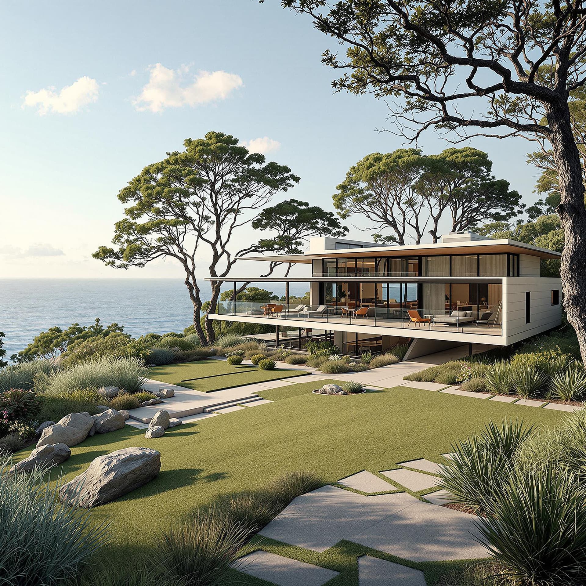 AI generated: Hyper realistic eye level exterior photo of a mid century modern style house overlooking the ocean, ...