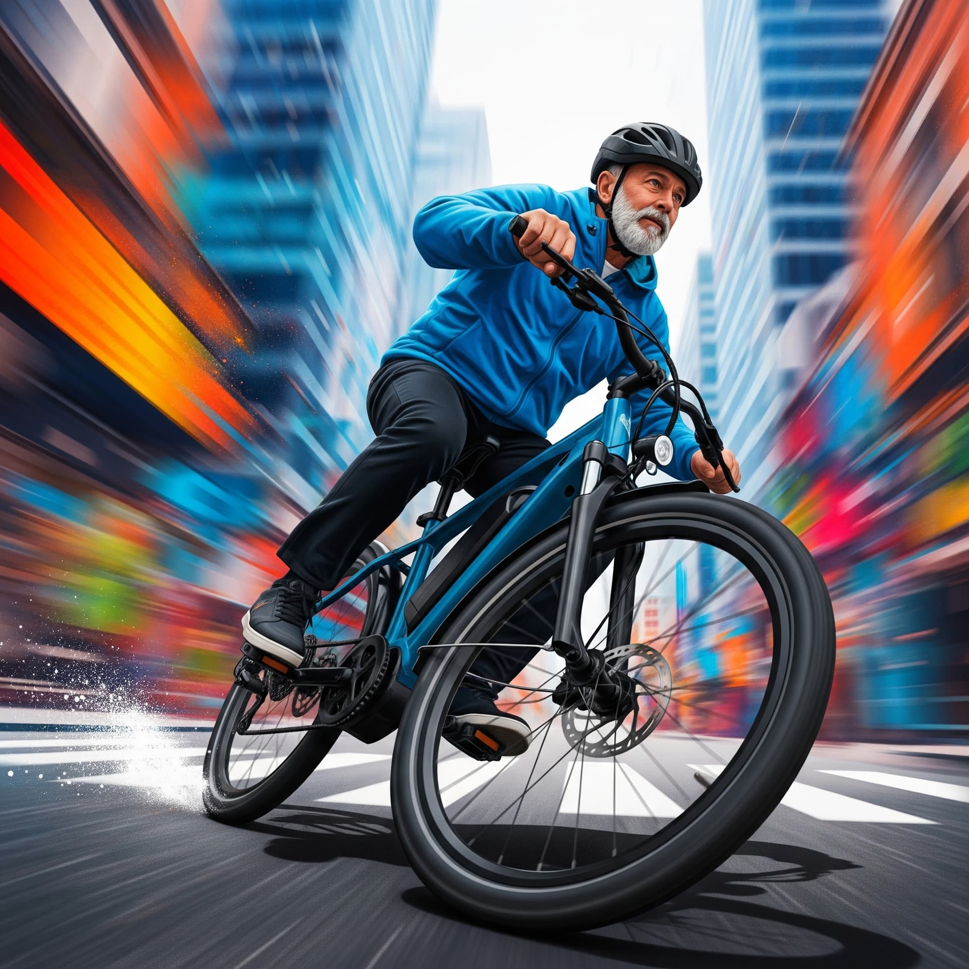 AI generated: An older man with a salt-and-pepper beard, wearing a bright cerulean blue jacket and dark pants, lea...