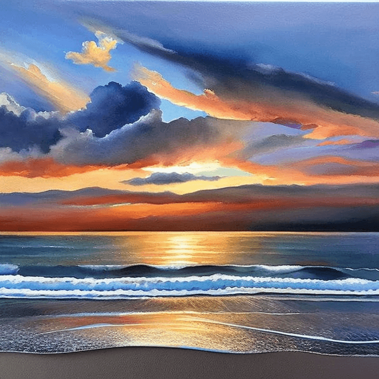 AI generated: photorealistic oil on canvas,
the soaring sky with clouds above a beach below, watercolor, , 8k, bea...