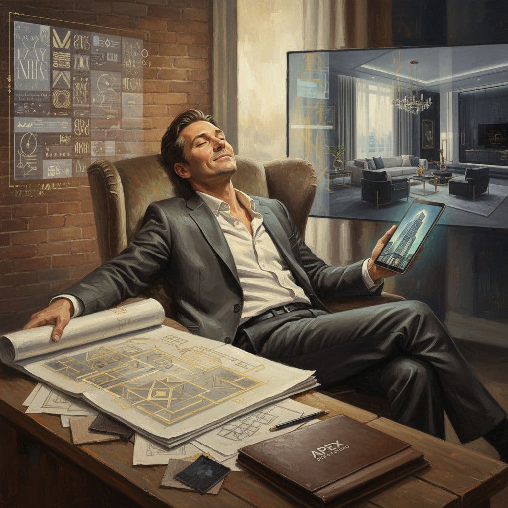 AI generated: A painting-like image of a satisfied client experiencing the benefits of a premium design service. c...