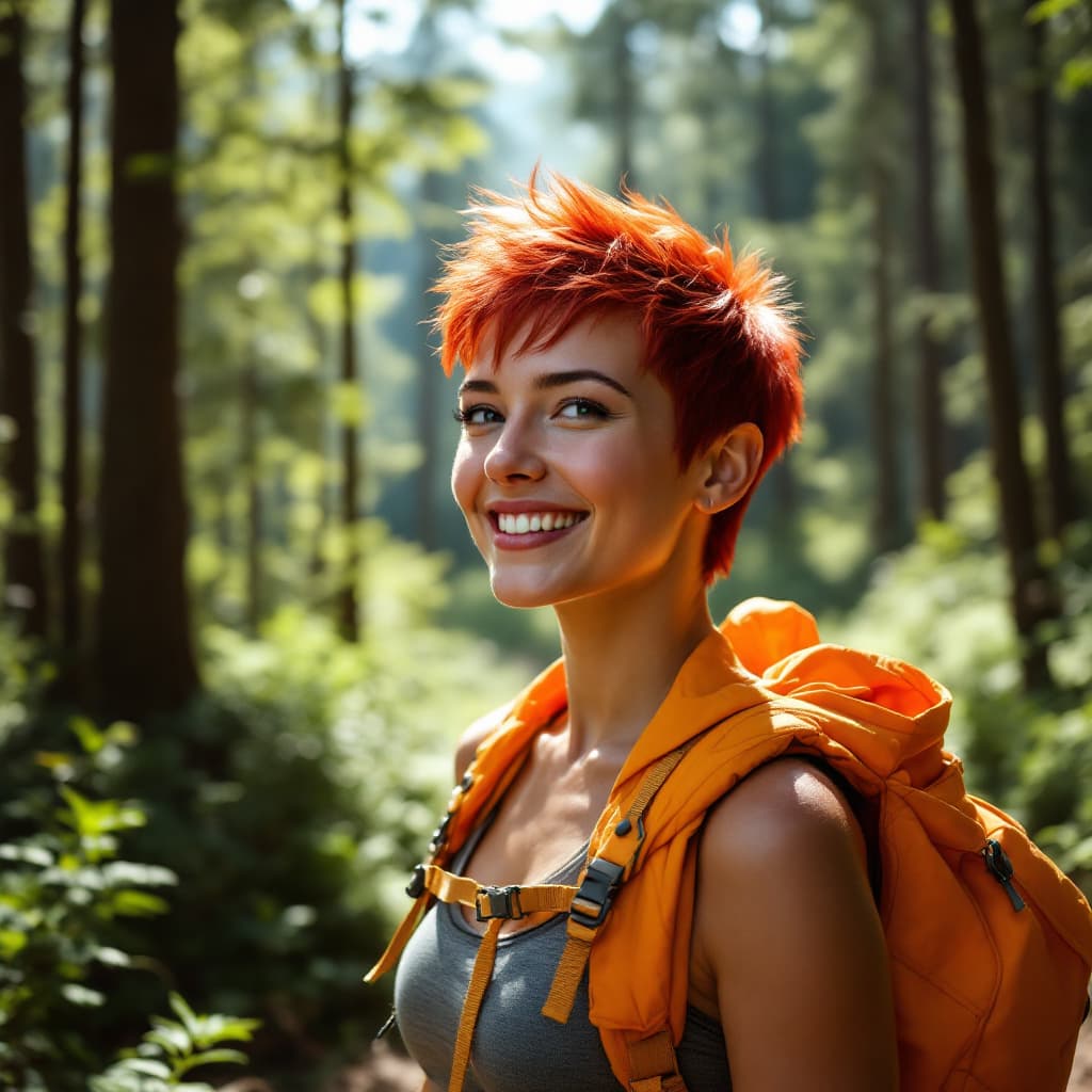 AI generated: A stunning real-life photo of an Instagram influencer with bright red pixie cut hair enjoying a hike...