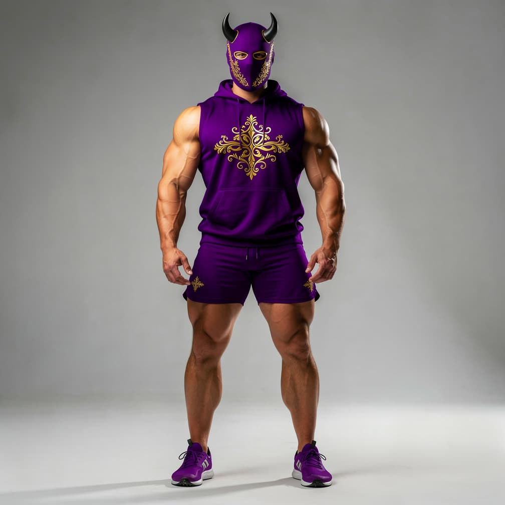 AI generated: A big muscular man wearing royal purple short shorts with a royal purple tank top plus a royal purpl...