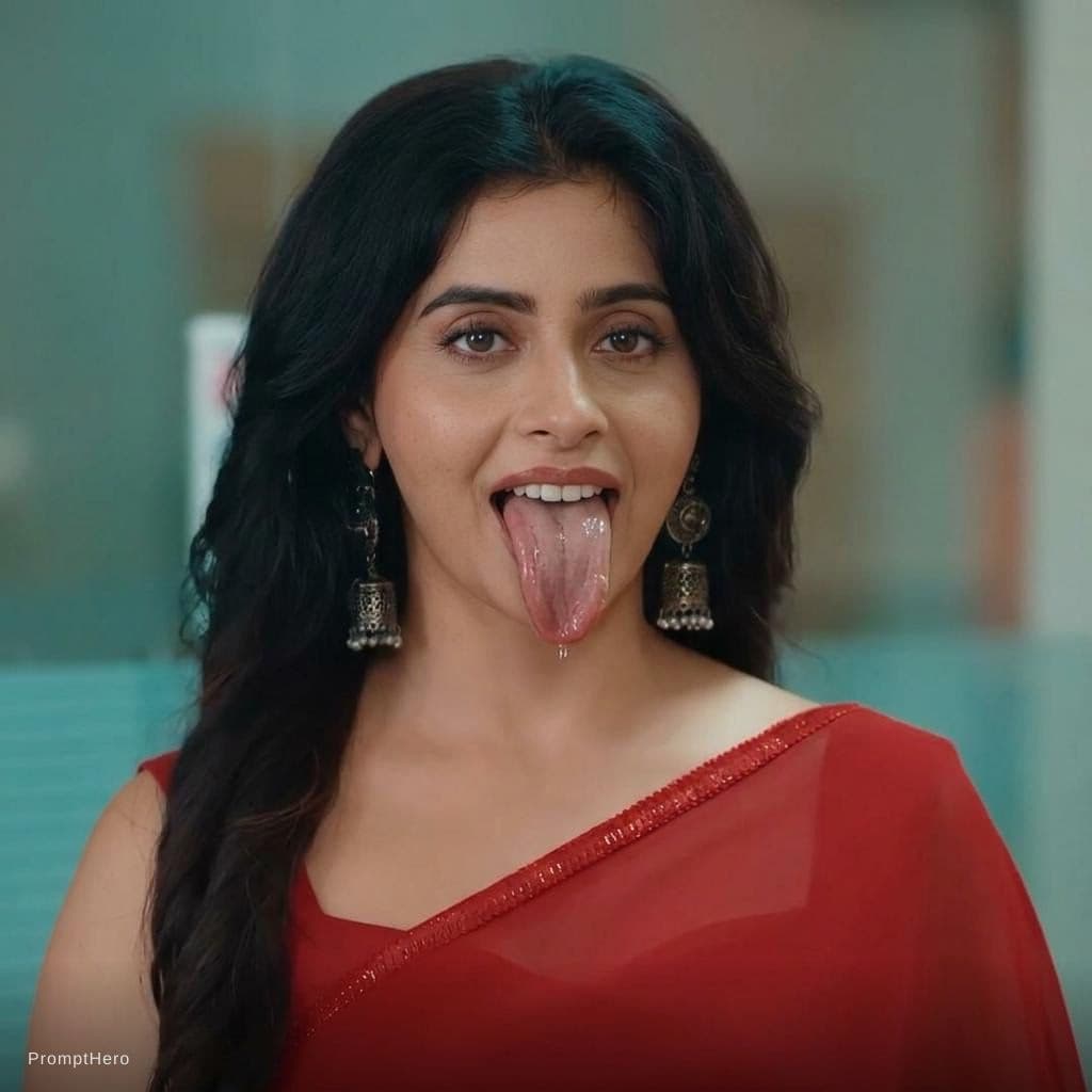 AI generated: Make her tongue out more long wide realistic with visible teeth and saliva on tongue