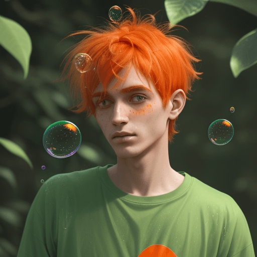 AI generated: a human with orange hairs and clothes, with bubbles on the clothes and with a green leaf on the head
