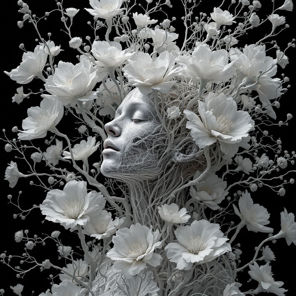 AI generated: 3d man in flowers with human and flower shaped branches, in the style of medical imaging film., seba...