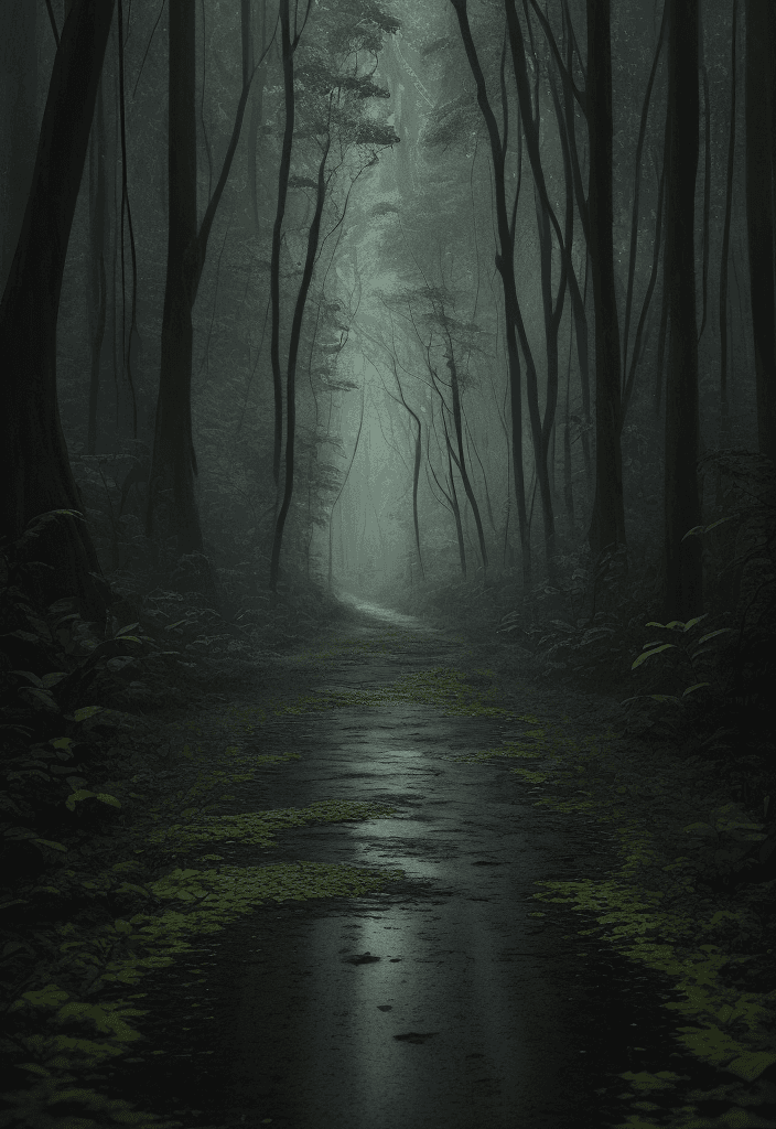 AI generated: A scary dark  forest with tall trees and lush foliage, gentle rain falling on the leaves and forest ...