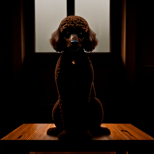 AI generated: It is Halloween night. A brown poodle is waiting her owners standing on a wooden table close to the ...