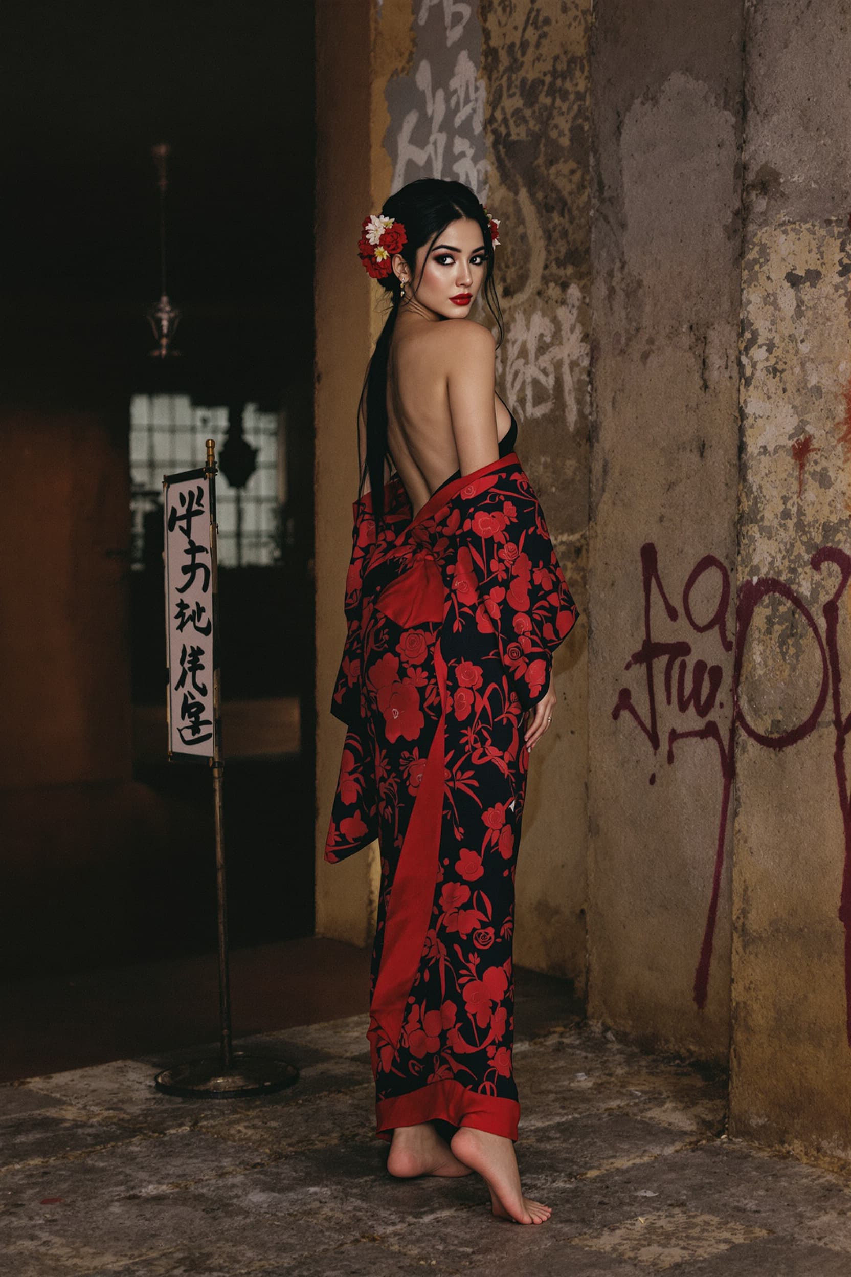 AI generated: Full body view An alluring Asian woman in a very short red and black kimono, partially slipping off ...