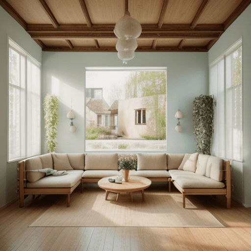 AI generated: High resolution photography interior design, dreamy sunken living room conversation pit, wooden floo...