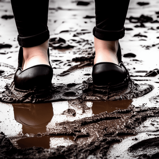 AI generated: woman in black flats walking in mud