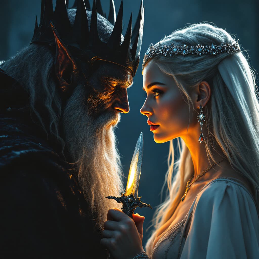 AI generated: A close-up, cinematic painting of Sauron with the face of Annatar and Galadriel with a focused, inti...