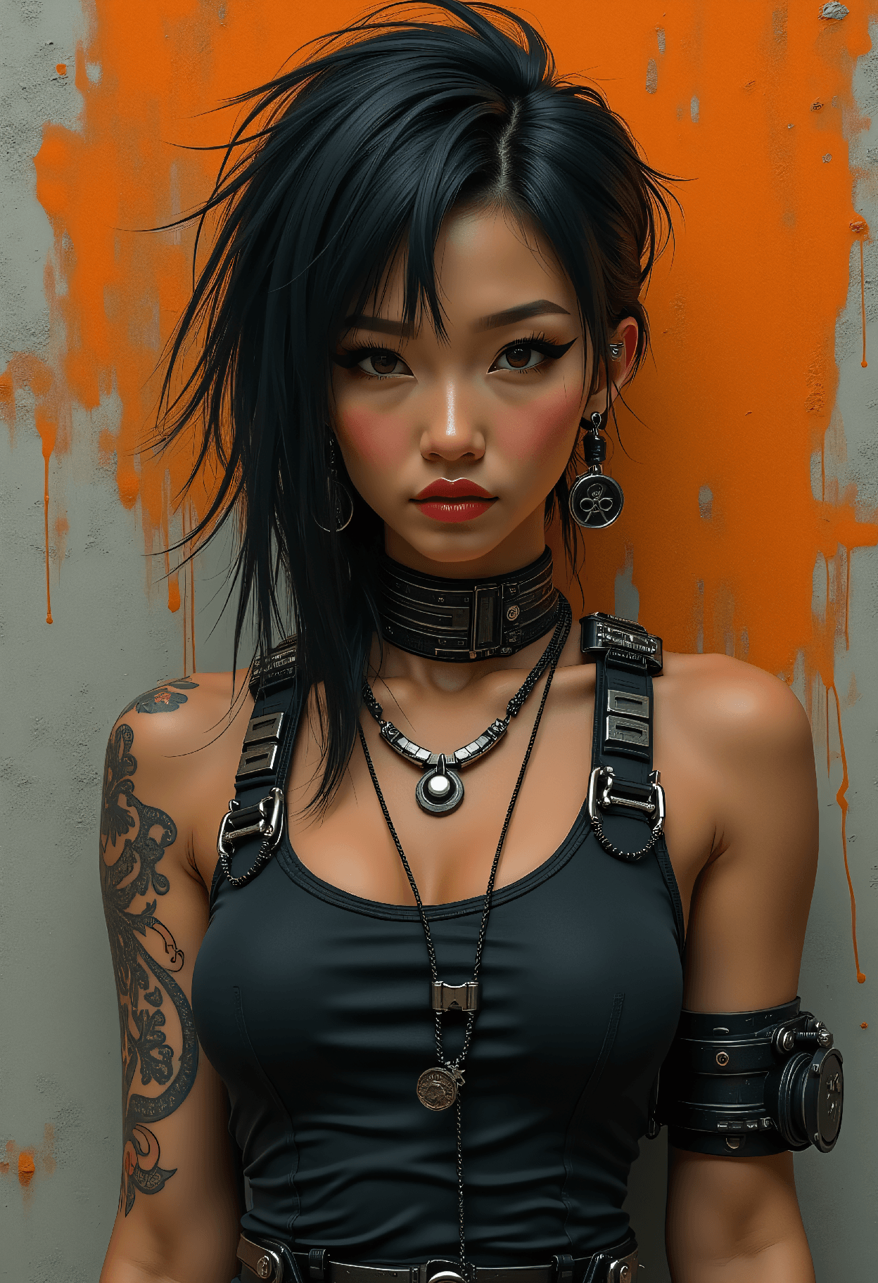 AI generated: Cyberpunk digital art, 24 year old asian cyberpunk, ultra sharp 8k resolution, small breasts, asymme...