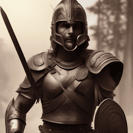 AI generated: Male spartan warrior in a battle ground, facing camera, finely detailed helm, armor, spear and shiel...